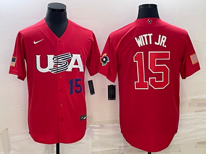 Men 2023 World Cub USA 15 Witt jr Red Nike MLB Jersey